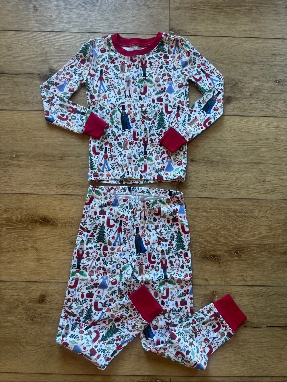 Pottery Barn Kids White Holiday Print Pajama Set with Red Trim